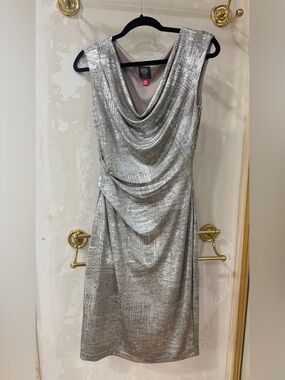 Vince Camuto Metallic Silver Draped Midi Dress